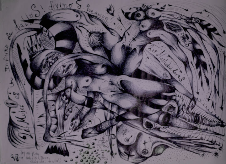 Drawing titled "Les masturbatrices…" by Valeria Jaramillo, Original Artwork, Ballpoint pen