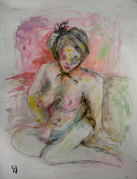 Painting titled "Femme nue assise" by Valeria Jaramillo, Original Artwork, Watercolor