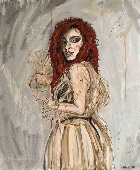 Painting titled "Portrait of a red-h…" by Valeria Koroleva, Original Artwork, Oil Mounted on Wood Stretcher frame