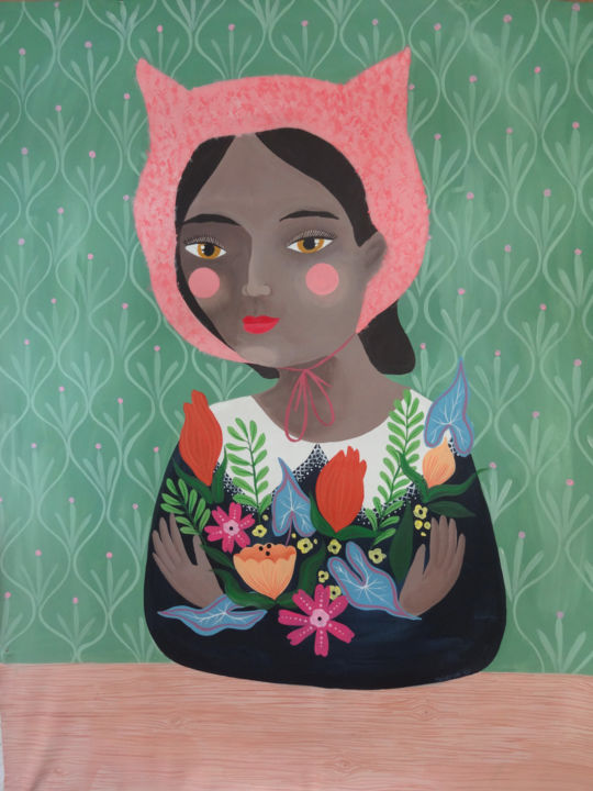 Pintura titulada "Capota rosa. Retrat…" por Valeria Cis, Obra de arte original, Acrílico