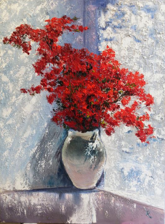 Painting titled "Red Flowers" by Valeriia Radziievska, Original Artwork, Oil Mounted on Wood Stretcher frame