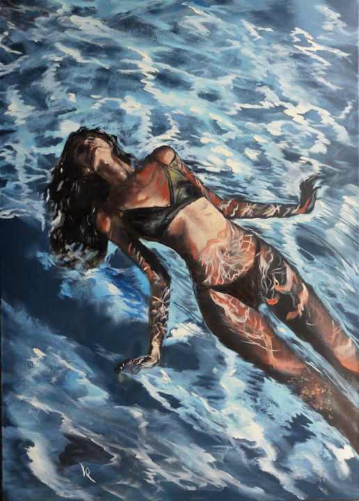 Painting titled "Flying in the Water" by Valeriia Radziievska, Original Artwork, Oil Mounted on Wood Stretcher frame