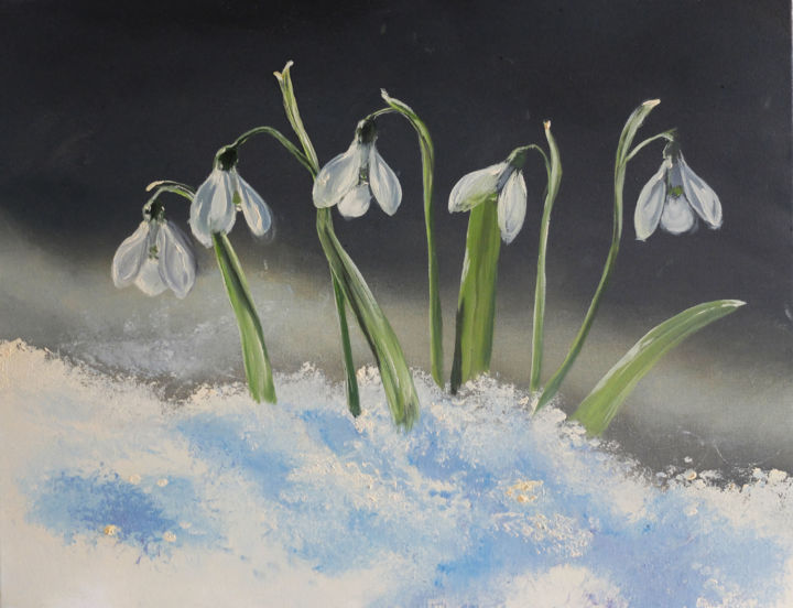 Картина под названием "Snowdrops.jpg" - Valeriia Radziievska, Подлинное произведение искусства, Масло Установлен на Деревянн…