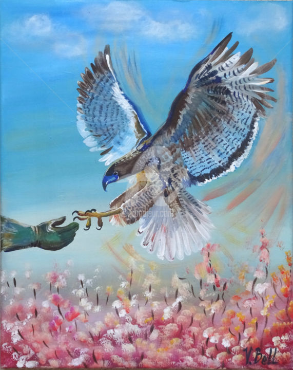 Peinture intitulée "Falcon Hunting" par Valeria Belogurova, Œuvre d'art originale, Acrylique