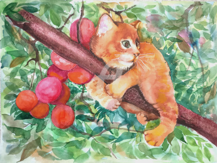 Painting titled "Plums and Peach, ca…" by Valeria Belogurova, Original Artwork, Watercolor