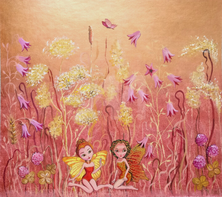 Painting titled "Flower Elves, elven…" by Valeria Belogurova, Original Artwork, Acrylic