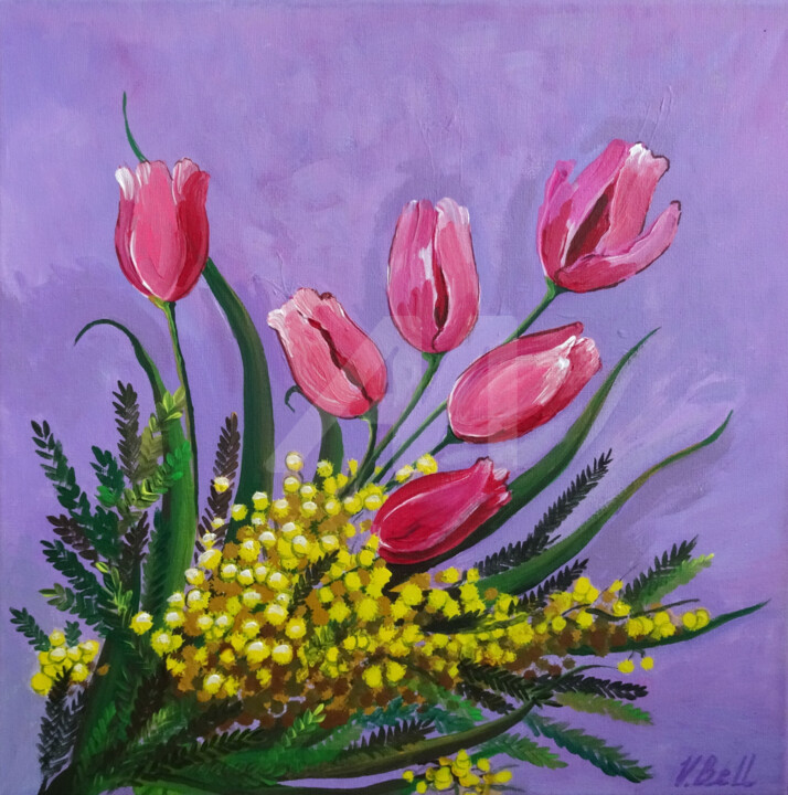 Schilderij getiteld "Spring Bouquet, pin…" door Valeria Belogurova, Origineel Kunstwerk, Acryl