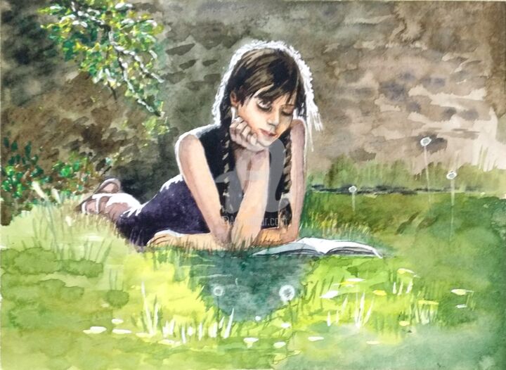 Schilderij getiteld "Girl reading in the…" door Valeria Belogurova, Origineel Kunstwerk, Aquarel