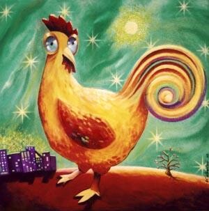 Painting titled "Le coq et la lune" by Valerie Albertosi, Original Artwork