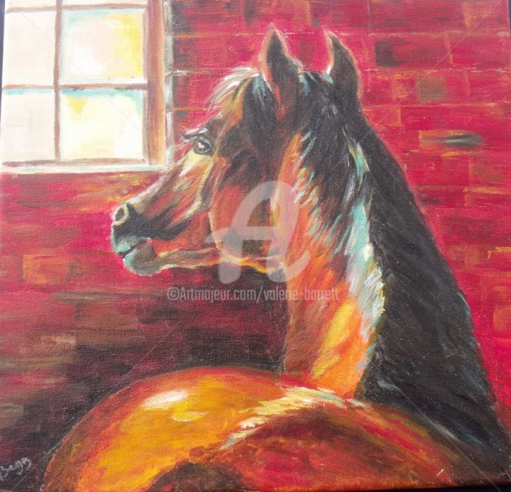 Malerei mit dem Titel "Cheval à la fenètre" von Valérie Barrett, Original-Kunstwerk, Acryl