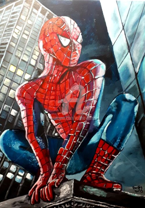 Painting titled "Spiderman" by Valérie Barrett, Original Artwork, Acrylic Mounted on Wood Stretcher frame