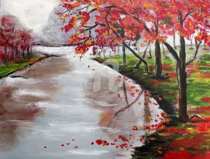 Painting titled "matin d'automne" by Valérie Barrett, Original Artwork, Acrylic