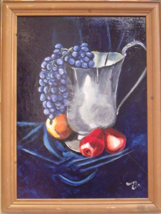 Peinture intitulée "Silver Jug and frui…" par Valérie Barrett, Œuvre d'art originale, Acrylique Monté sur Panneau de bois