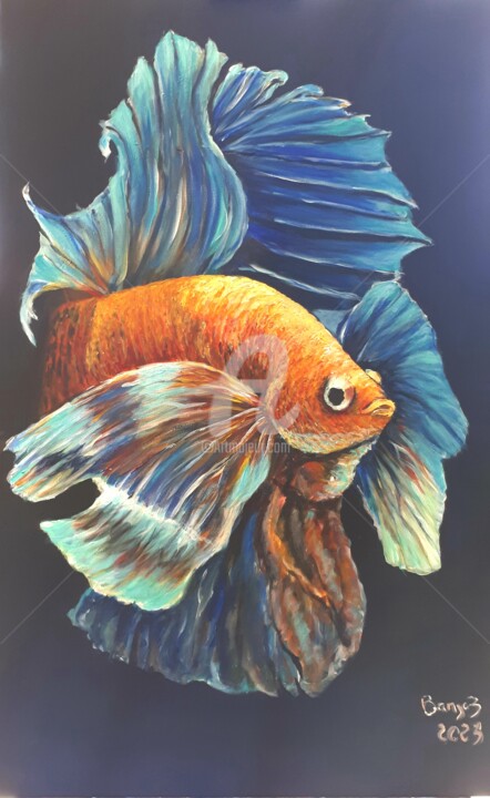Painting titled "Poisson combattant 2" by Valérie Barrett, Original Artwork, Acrylic Mounted on Wood Stretcher frame