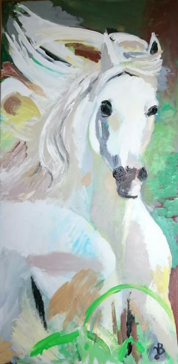 Painting titled "Cheval blanc 1" by Valérie Blum (Valery), Original Artwork, Acrylic Mounted on Wood Stretcher frame