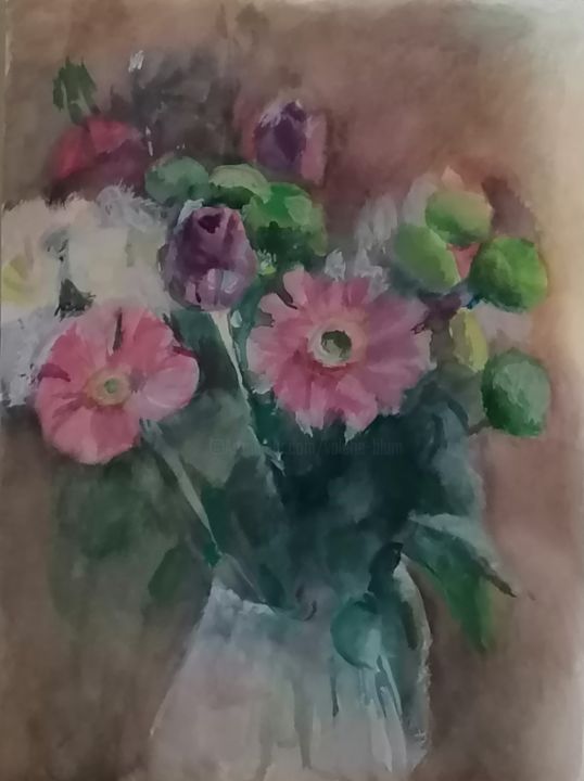 Malerei mit dem Titel "Fleurs roses et bla…" von Valérie Blum (Valery), Original-Kunstwerk, Aquarell