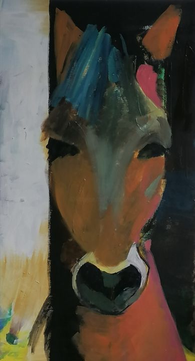 Painting titled "Cheval brun" by Valérie Blum (Valery), Original Artwork, Acrylic Mounted on Wood Stretcher frame