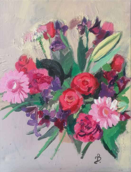 Painting titled "Les roses framboises" by Valérie Blum (Valery), Original Artwork, Acrylic Mounted on Wood Stretcher frame