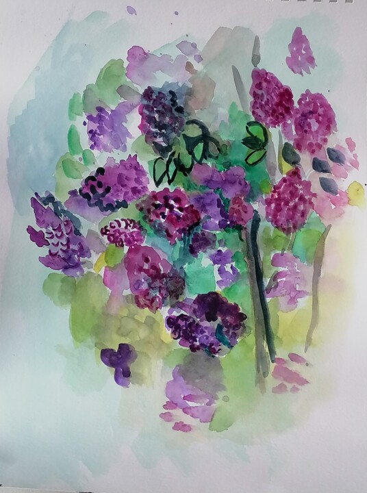 Dessin intitulée "arbuste de lilas" par Valérie Blum (Valery), Œuvre d'art originale, Aquarelle