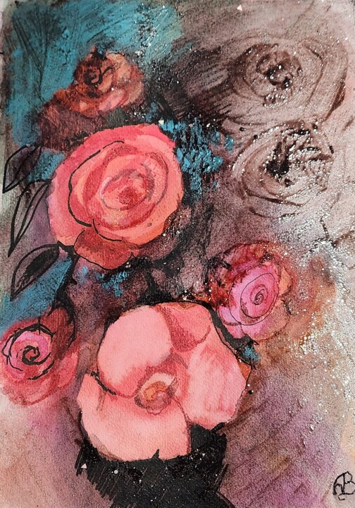 Drawing titled "Bunch of roses, bui…" by Valérie Blum (Valery), Original Artwork, Watercolor