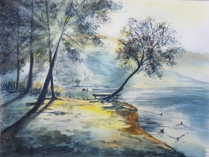 Schilderij getiteld "Le lac" door Valérie Crochard, Origineel Kunstwerk, Aquarel