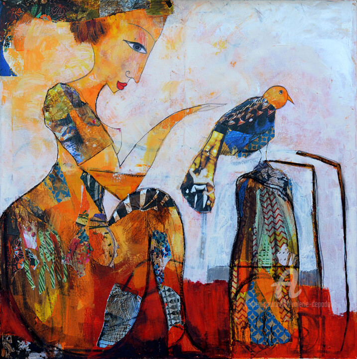 Painting titled "Femme à l'oiseau 02" by Valérie Depadova, Original Artwork, Acrylic