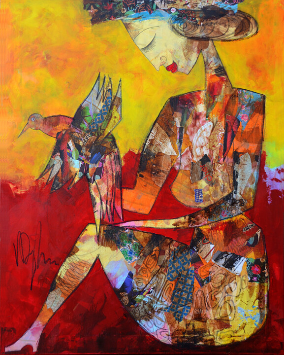 Malerei mit dem Titel "Femme à l'oiseau..." von Valérie Depadova, Original-Kunstwerk, Acryl