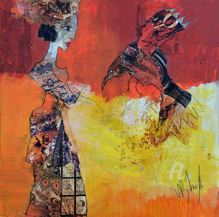 Картина под названием "Avec l'oiseau....." - Valérie Depadova, Подлинное произведение искусства, Акрил