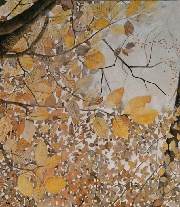 Peinture intitulée "Feuillée" par Valérie Eguchi, Œuvre d'art originale, Pigments Monté sur Panneau de bois