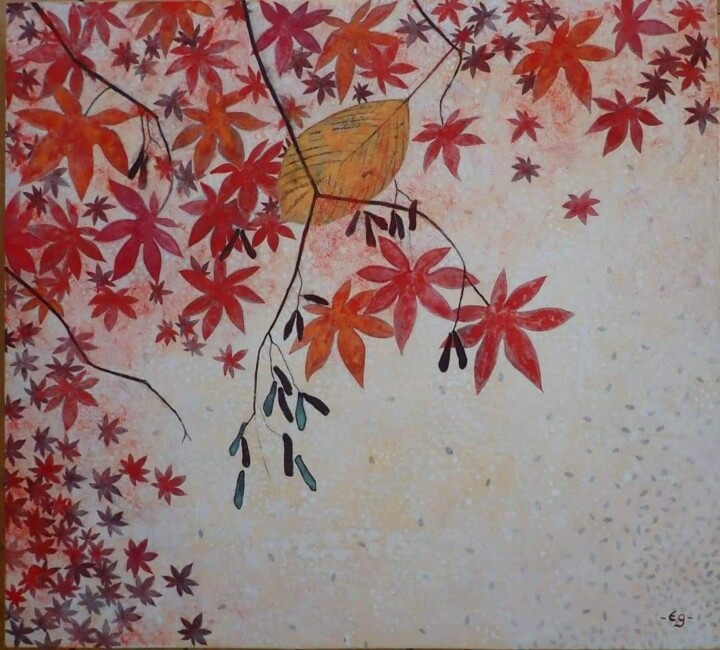 Painting titled "Momiji" by Valérie Eguchi, Original Artwork, Pigments Mounted on Wood Panel