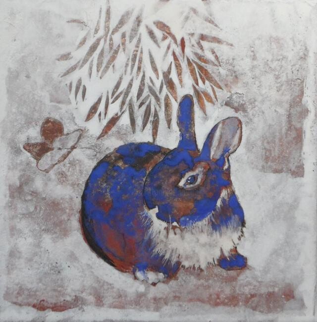 Painting titled "Lapin bleu" by Valérie Eguchi, Original Artwork, Pigments Mounted on Wood Stretcher frame