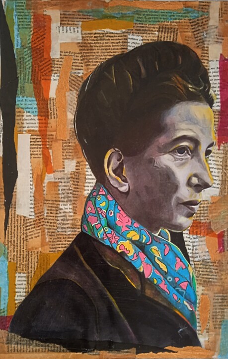 Collages intitolato "Simone De Beauvoir" da Valérie Fistarol, Opera d'arte originale, Collages Montato su Cartone