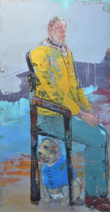 Pittura intitolato "Chien assis" da Valérie Jayat, Opera d'arte originale, Olio Montato su Telaio per barella in legno