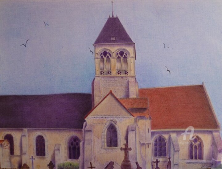 Drawing titled "Eglise de Nointel (…" by Valérie Jouffroy Ricotta, Original Artwork, Ballpoint pen