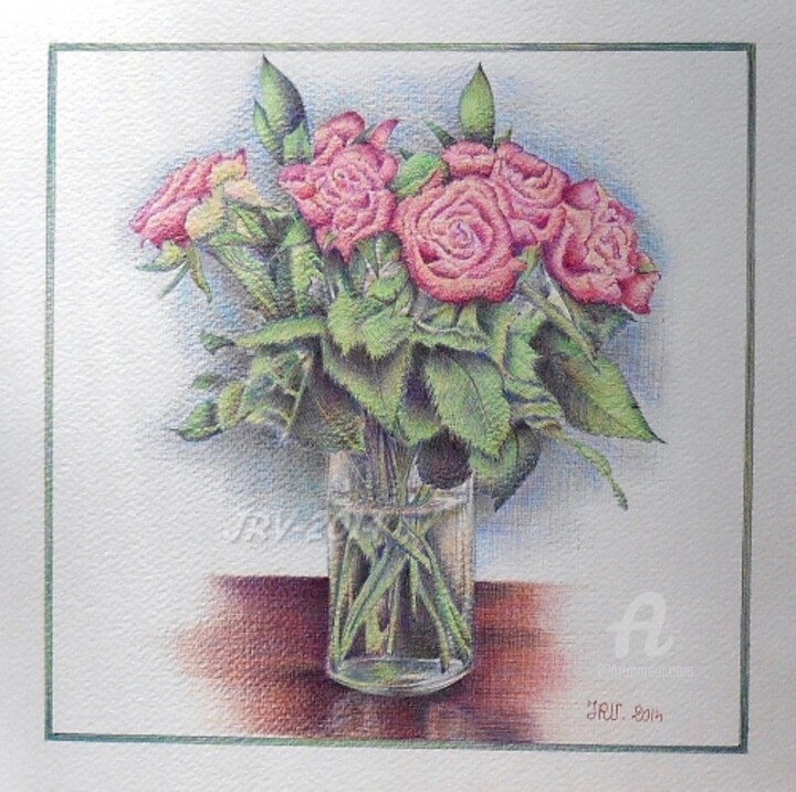 Dibujo titulada "Le bouquet de roses…" por Valérie Jouffroy Ricotta, Obra de arte original, Bolígrafo