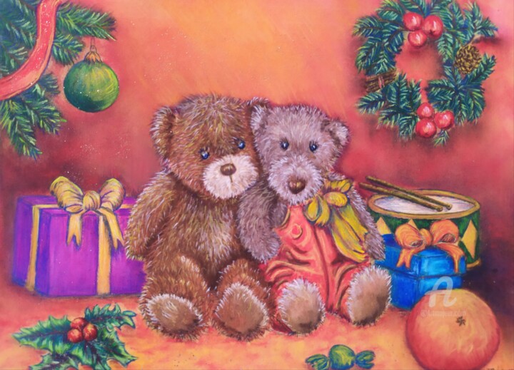 Painting titled "Le noël des oursons…" by Valérie Jouffroy Ricotta, Original Artwork, Pastel