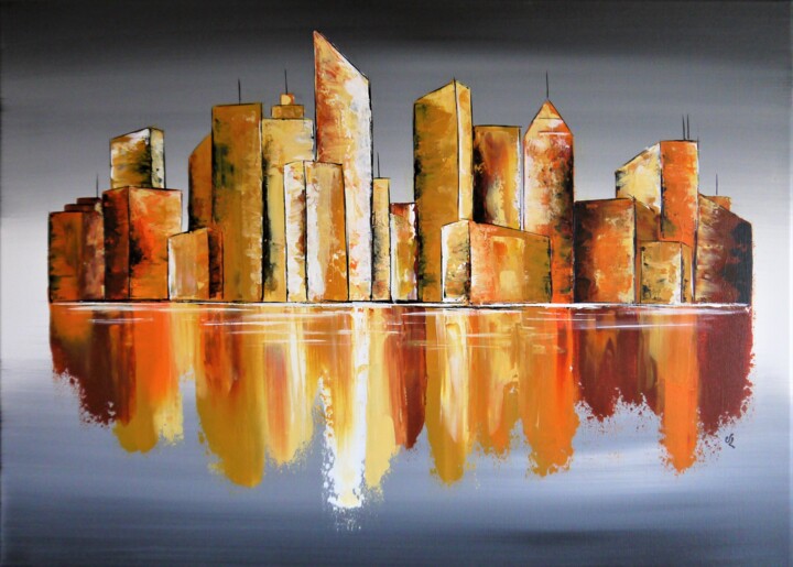 제목이 "City W"인 미술작품 Valérie Lamarre로, 원작, 아크릴 나무 들것 프레임에 장착됨