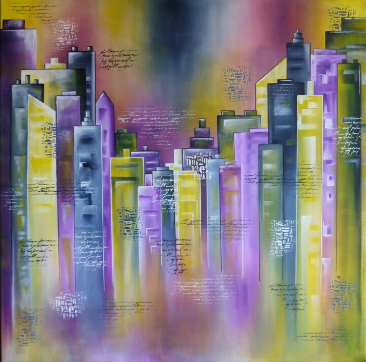 Painting titled "City T" by Valérie Lamarre, Original Artwork, Acrylic Mounted on Wood Stretcher frame