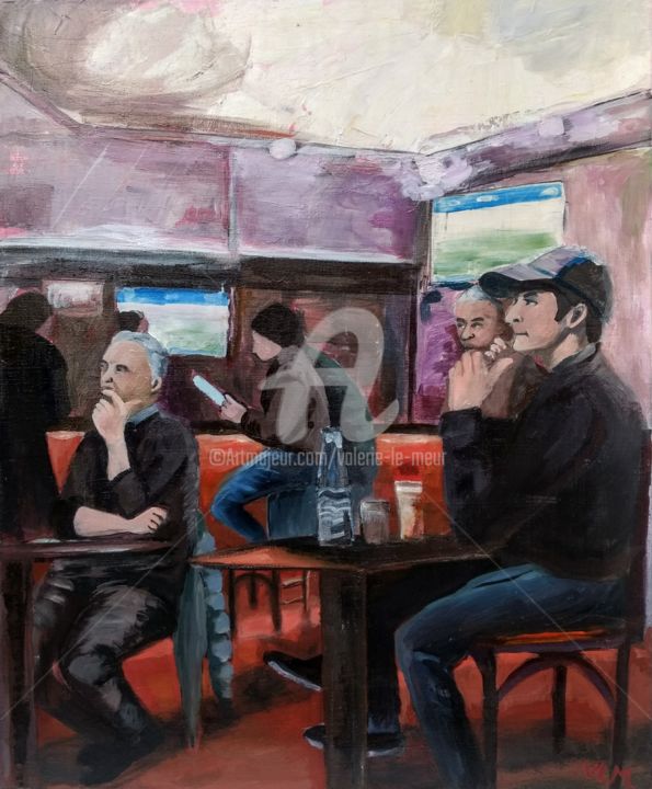 Painting titled "Football au bistrot" by Valérie Le Meur, Original Artwork, Acrylic Mounted on Wood Stretcher frame