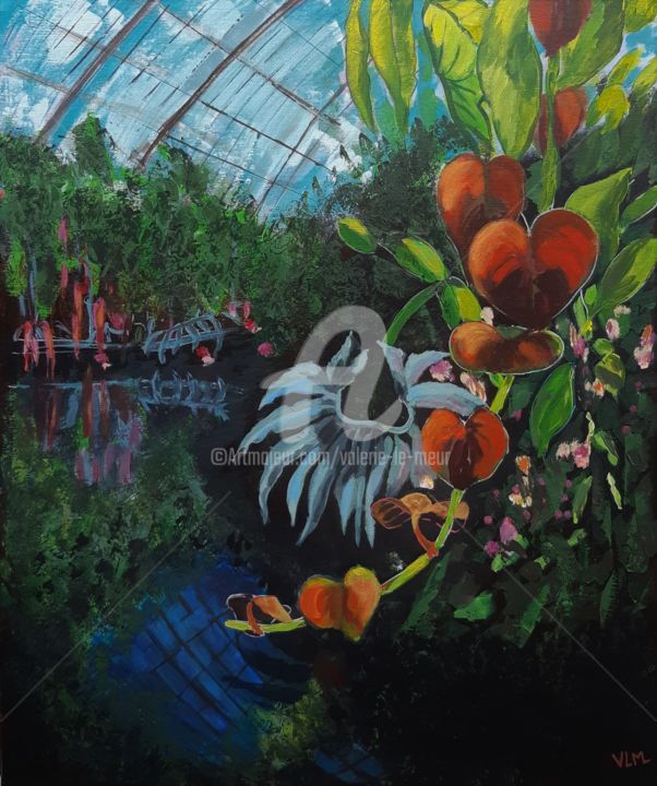Painting titled "The greenhouse-Symp…" by Valérie Le Meur, Original Artwork, Acrylic Mounted on Wood Stretcher frame