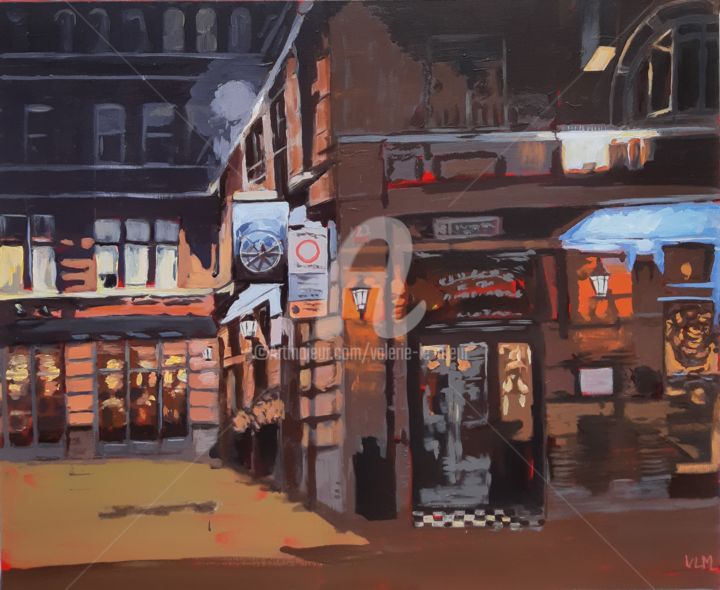 Painting titled "London pub-night" by Valérie Le Meur, Original Artwork, Acrylic Mounted on Wood Stretcher frame