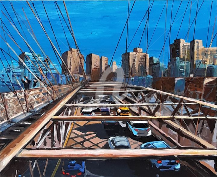 Painting titled "Brooklyn bridge" by Valérie Le Meur, Original Artwork, Acrylic Mounted on Wood Stretcher frame