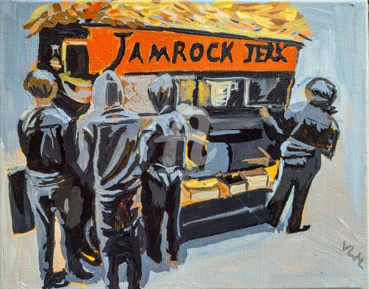 Painting titled "New-York street food" by Valérie Le Meur, Original Artwork, Acrylic Mounted on Wood Stretcher frame