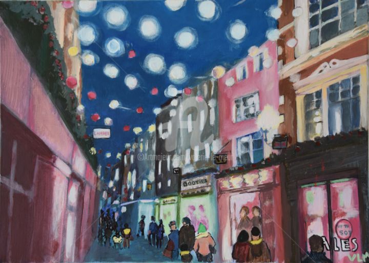 Painting titled "London street (pink…" by Valérie Le Meur, Original Artwork, Acrylic