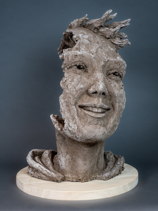 Sculptuur getiteld "Face au vent" door Valérie Moreau (VALEM), Origineel Kunstwerk, Terra cotta