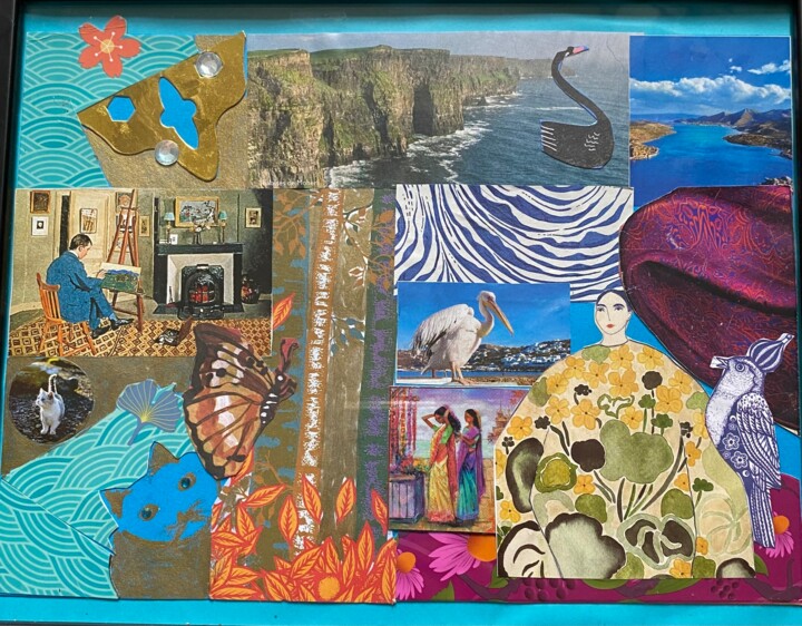 Collages intitolato "Turquoise" da Valerie Noble Val, Opera d'arte originale, Collages Montato su Pannello di legno