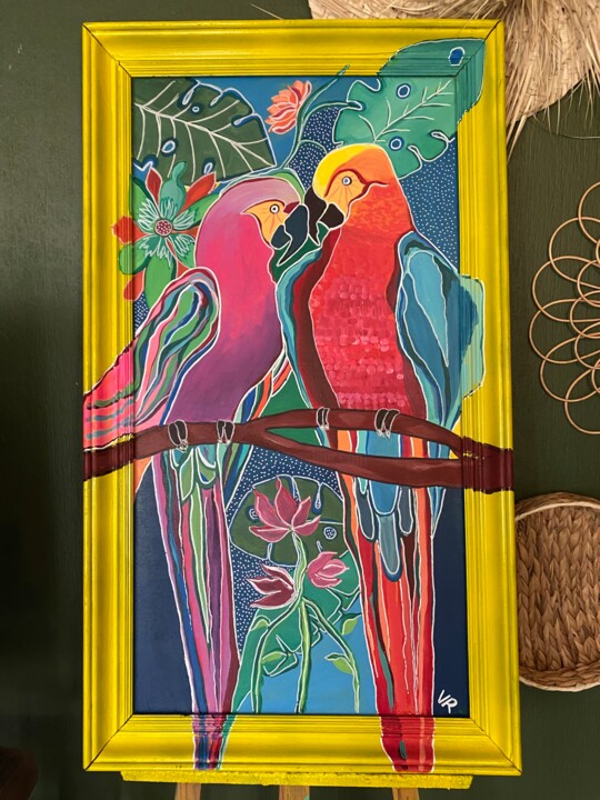 Malarstwo zatytułowany „Les perroquets” autorstwa Valérie Riou, Oryginalna praca, Akryl Zamontowany na Panel drewniany