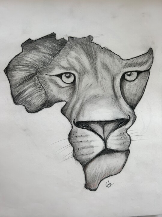 Tekening getiteld "Lion" door Valerie Sagnier (Val'Art), Origineel Kunstwerk, Potlood