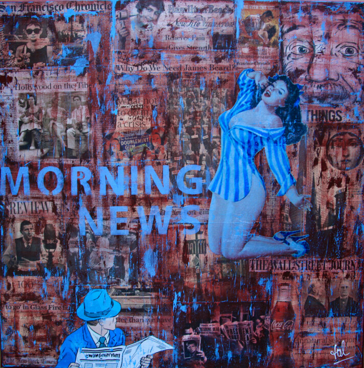 Collages getiteld "Morning News" door Valérie Weiland (VALpapers), Origineel Kunstwerk, Collages Gemonteerd op Frame voor ho…