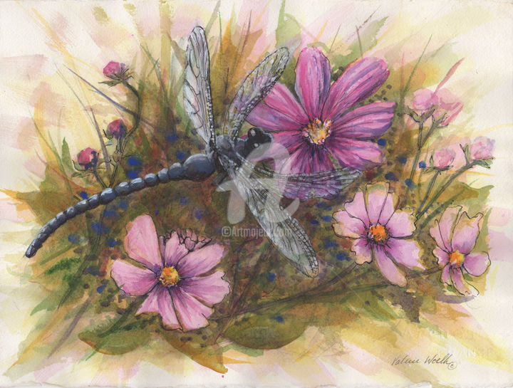 Painting titled "Dragonfly in the Sun" by Valerie Woelk, Original Artwork, Watercolor